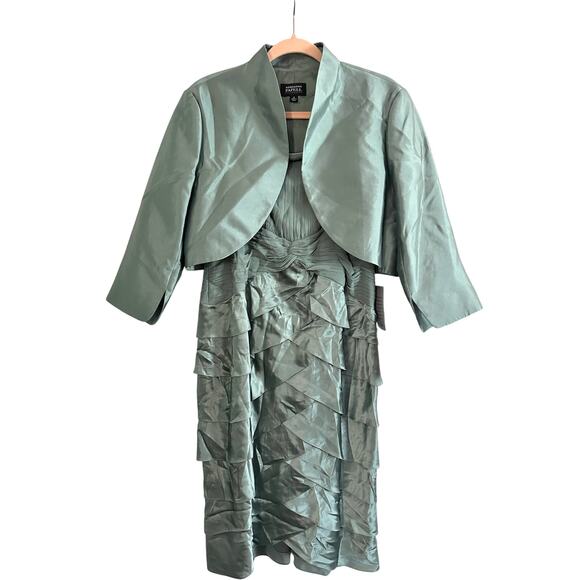 ADRIANNA PAPELL Shutter Pleat Dress Bolero Jacket Silk Sea Glass Green Sz 12 NWT - Picture 1 of 10